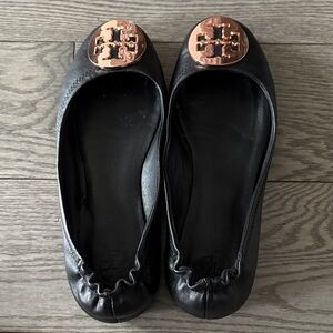 Tory Burch Reva Black Ballet Flats with Gold Logo